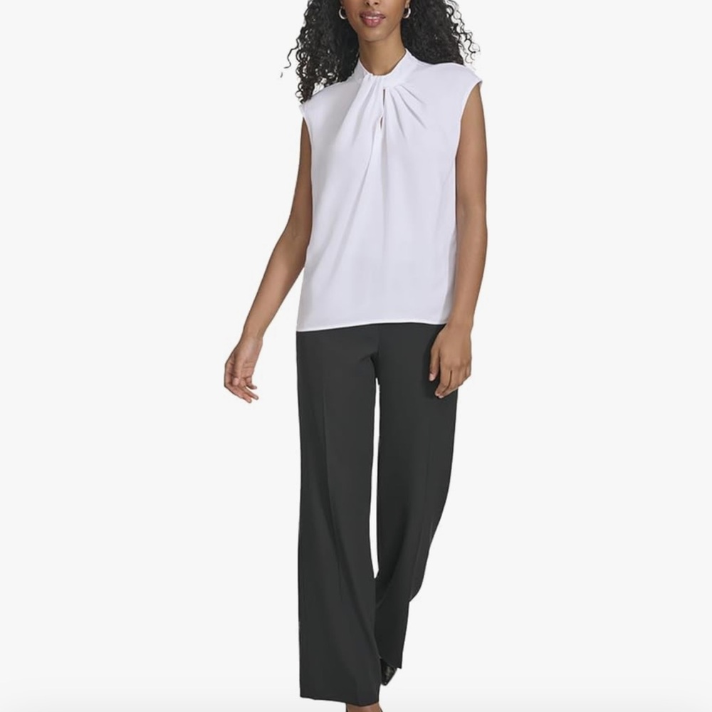 Calvin Klein Women's Cap Sleeve Mock Twist Neck Blouse White